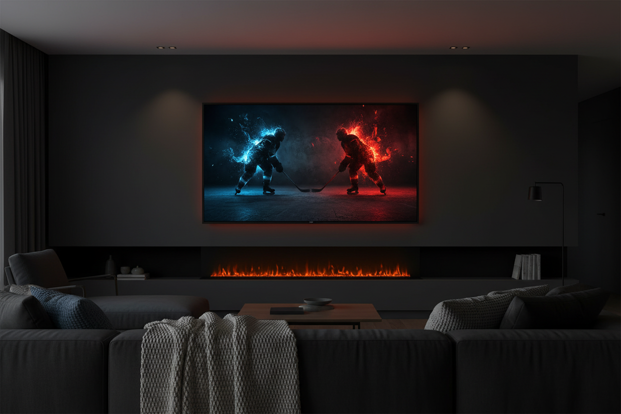 Dark Living Room with Fireplace Banner